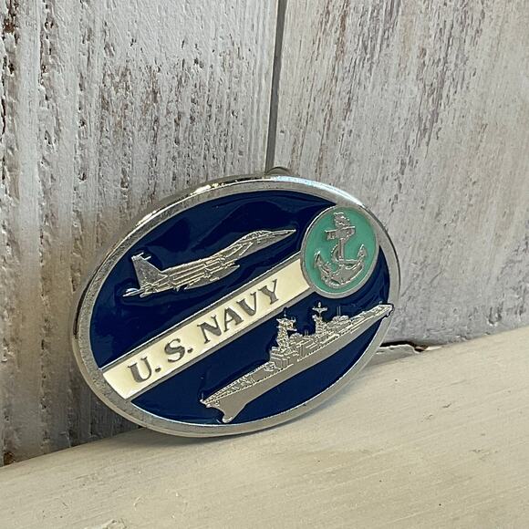 US Navy Belt Buckle Enamel Patriotic Ship Bomber Anchor Military - Picture 2 of 5